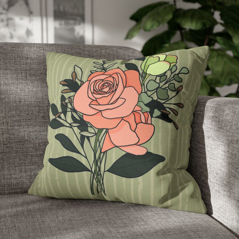 Peach Rose Bouquet Celery Striped Square Pillow CASE ONLY, 4 sizes available, Floral throw pillow, Farmhouse Country Decor